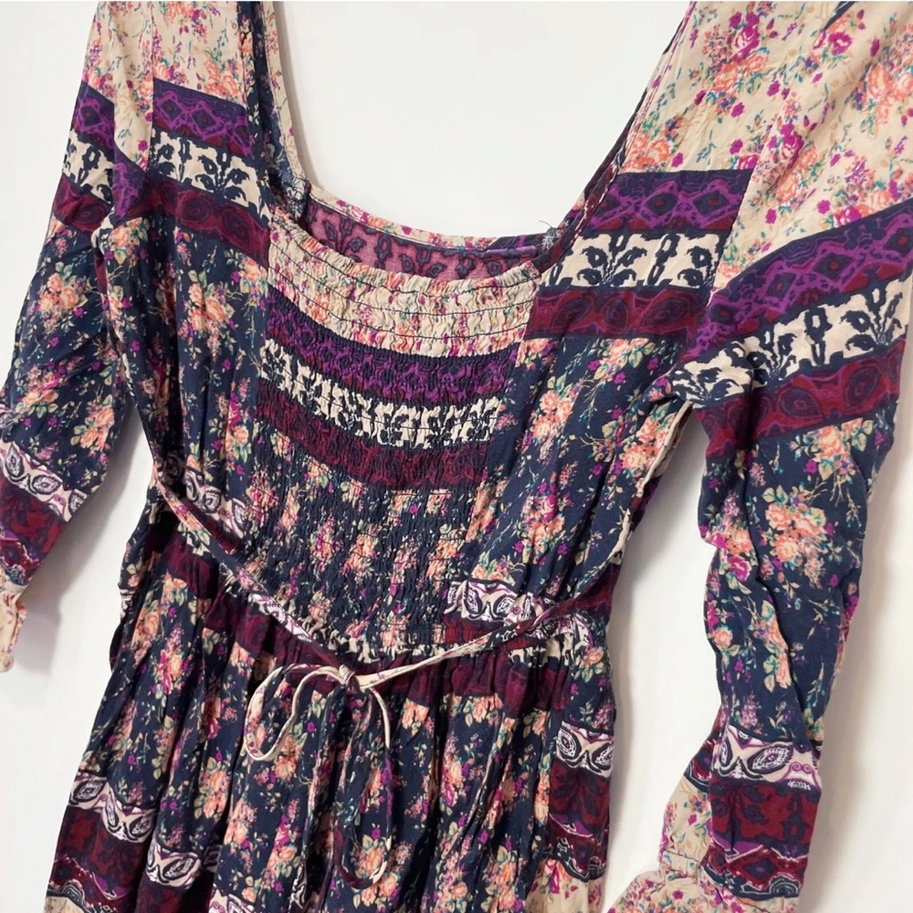 Band Of Gypsies Boho Floral Casual Mini Dress Multicolor XS Long Sleeve Smocked